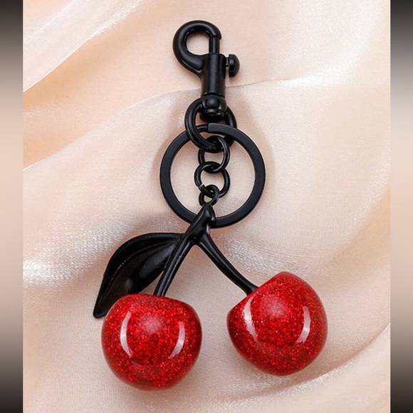 Other - Glittery Red Cherry 🍒 Bag Charm Keychain with black hardware